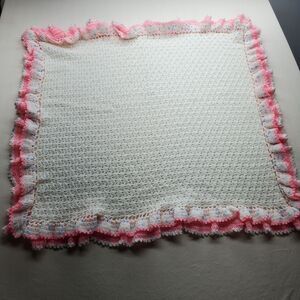 Vintage Handmade Knit Baby Blanket White Pink Ruffle 36x36